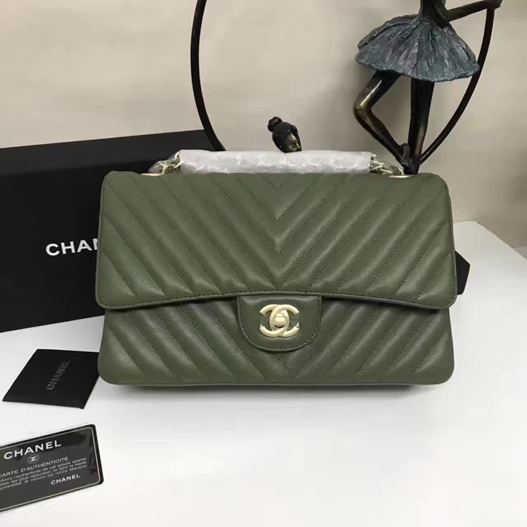 Chanel Flap Shoulder Bags Green Sheepskin Leather A1112 Glod