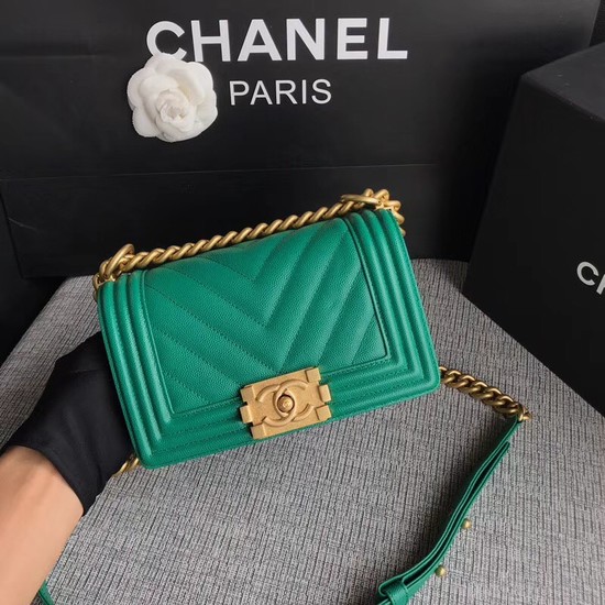 Chanel Le Boy Flap Shoulder Bag Original Caviar Leather P67085 green Gold Buckle