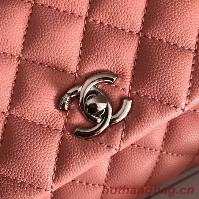 Chanel original Caviar leather flap bag top handle A92290 pink&silver-Tone Metal