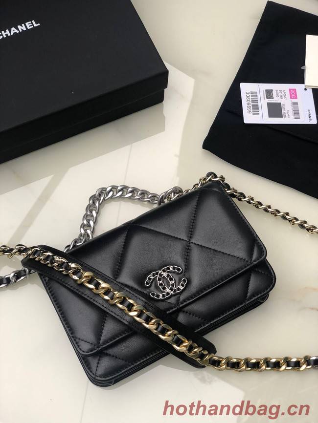 Chanel 19 Classic Sheepskin Leather Chain Wallet AP0957 black& silver-Tone Metal