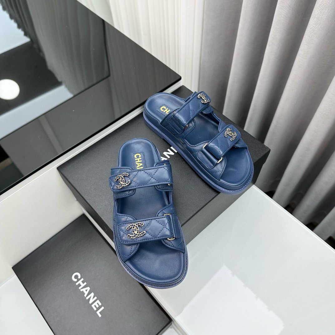 Chanel Original Leather Slipper Shoes HM30212 Dark Blue