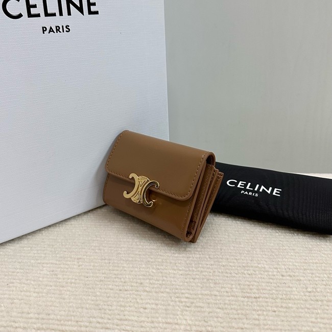 Celine SMALL FLAP WALLET TRIOMPHE IN SHINY CALFSKIN 10D783 SMOKED BROWN