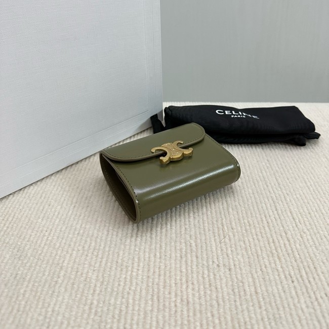 Celine TRIOMPHE COMPACT WALLET IN SHINY CALFSKIN 10K623 dark green