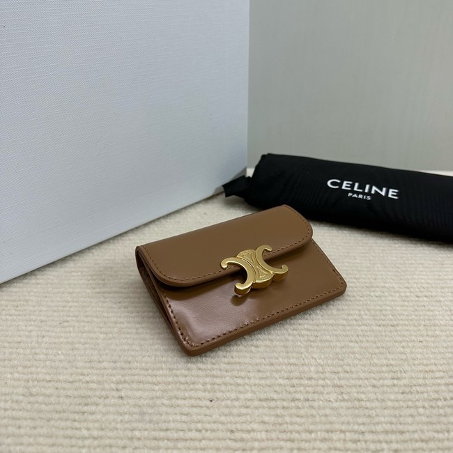 Celine CARD HOLDER WITH FLAP TRIOMPHE IN SHINY CALFSKIN 10I583 Khaki