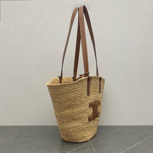 Celine MEDIUM SUPPLE CELINE CLASSIC PANIER IN RAFFIA AND CALFSKIN 114342 TAN