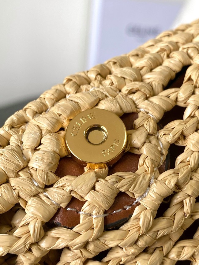 Celine SMALL LOUISE BUCKET IN RAFFIA AND CALFSKIN 119173 NATURAL & TAN