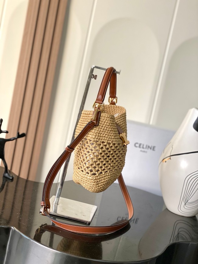 Celine SMALL LOUISE BUCKET IN RAFFIA AND CALFSKIN 119173 NATURAL & TAN