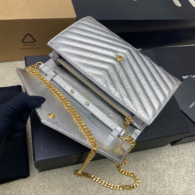 SAINT LAUREN CASSANDRE MATELASSE CHAIN WALLET IN GRAIN DE POUDRE EMBOSSED LEATHER 377828 Silver