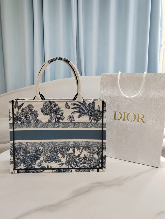 Medium Dior Book Tote White and Blue Toile de Jouy Palms Embroidery M1296ZEYD