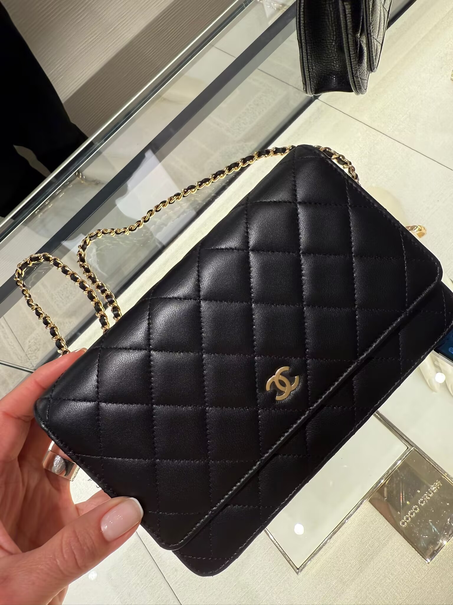 Chanel CLASSIC ORIGINAL LEATHER WALLET ON CHAIN AP0250 Black