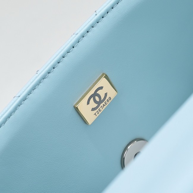 Chanel SMALL FLAP BAG CLUTCH WITH CHAIN Gold-Tone Metal AS5554 LIGHT BLUE