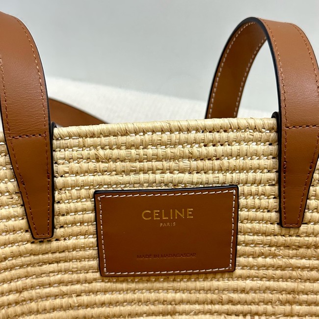 CELINE CLASSIC PANIER SMALL BRAIDED TRIOMPHE in RAFFIA and CALFSKIN 117022 TAN