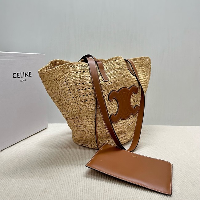 CELINE CLASSIC PANIER SMALL BRAIDED TRIOMPHE in RAFFIA and CALFSKIN 119682 TAN