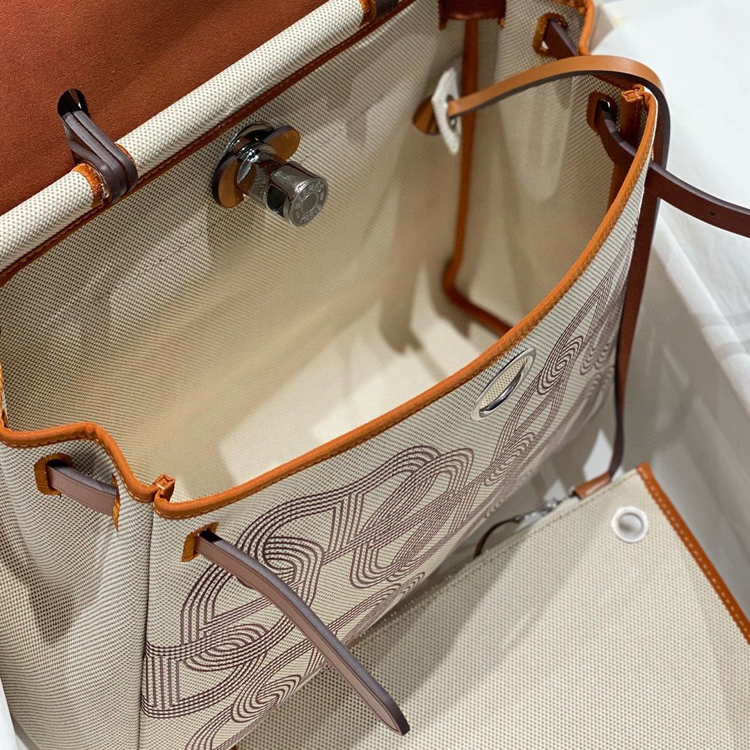 Hermes Herbag 31CM Original Canvas Print Leather & Calfskin 48887 Cream&Brown