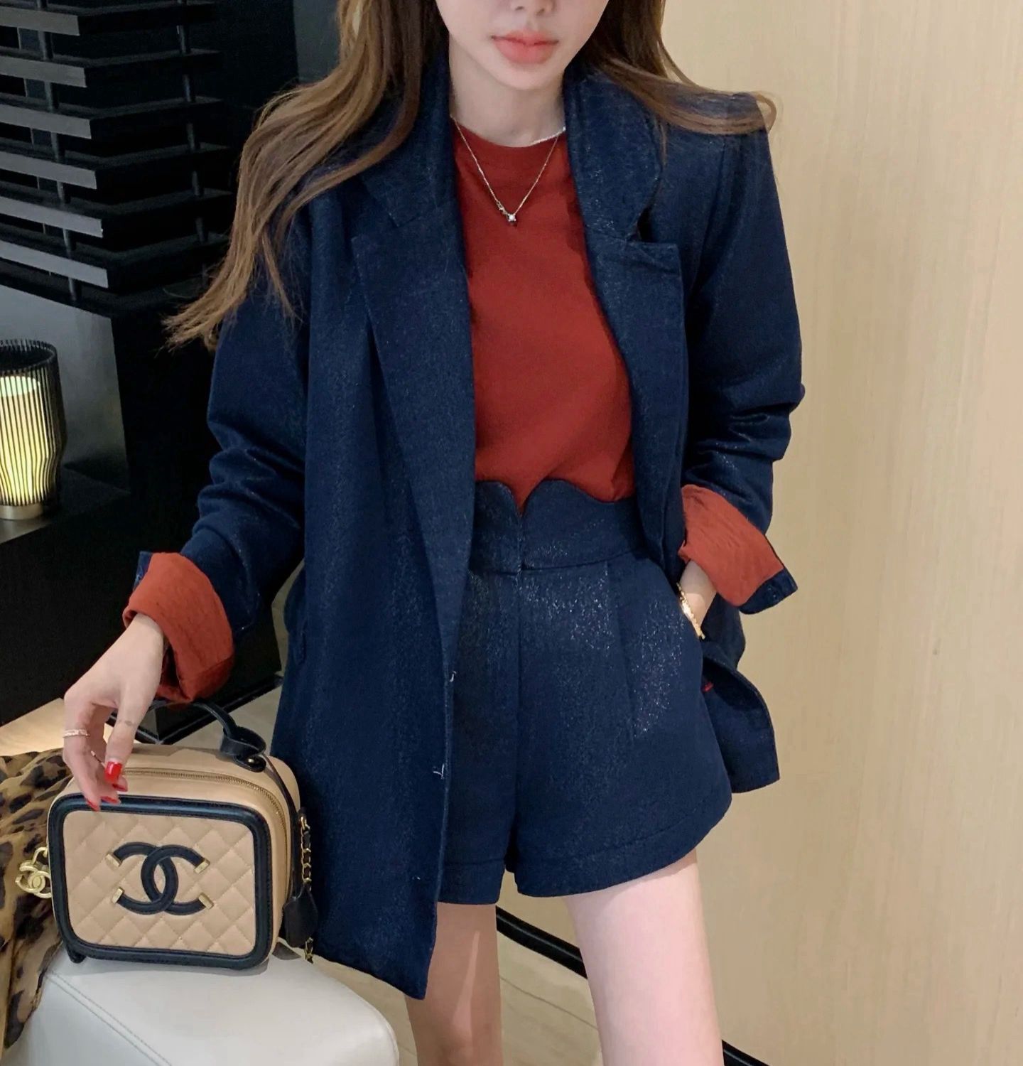 Chanel Original Leather Medium Cosmetic Bag 93443 Apricot&Black