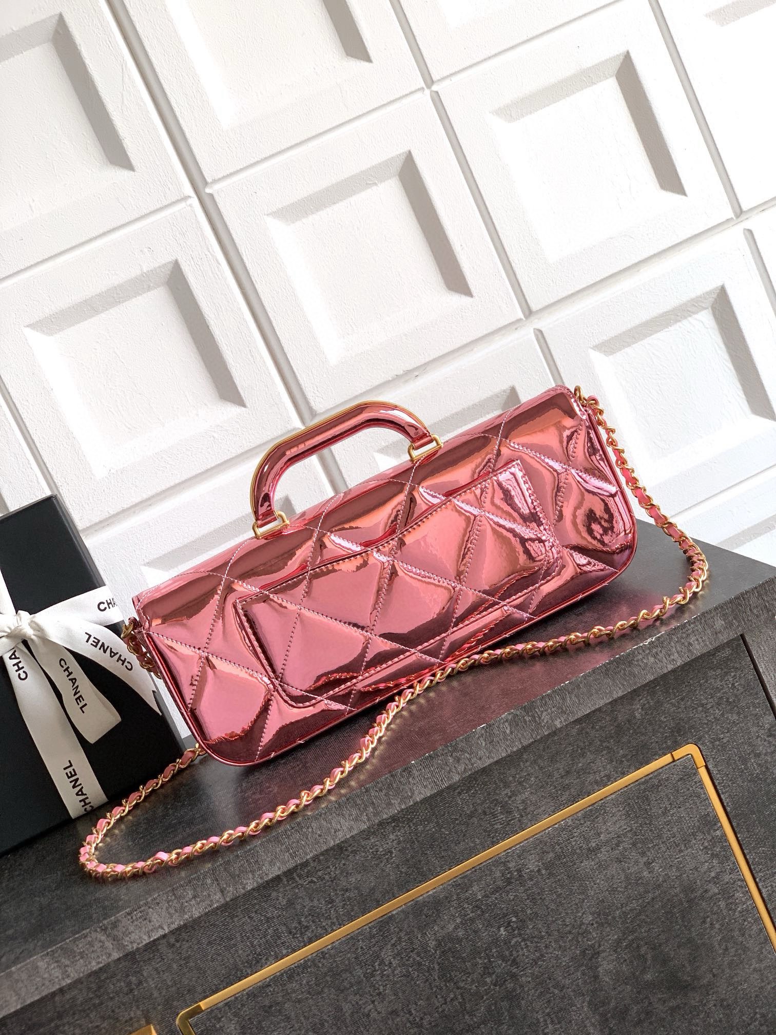 Chanel 25K Original Patent Leather Top Handle Bag A6321 Pink