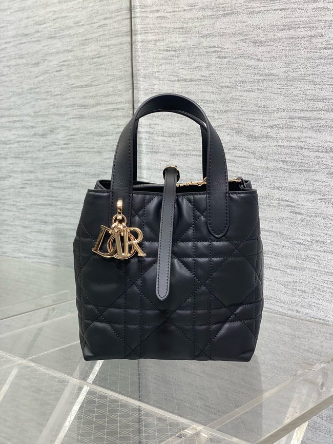 Small Dior Toujours Vertical Tote Bag Macrocannage Crinkled Calfskin M2835 black &gold