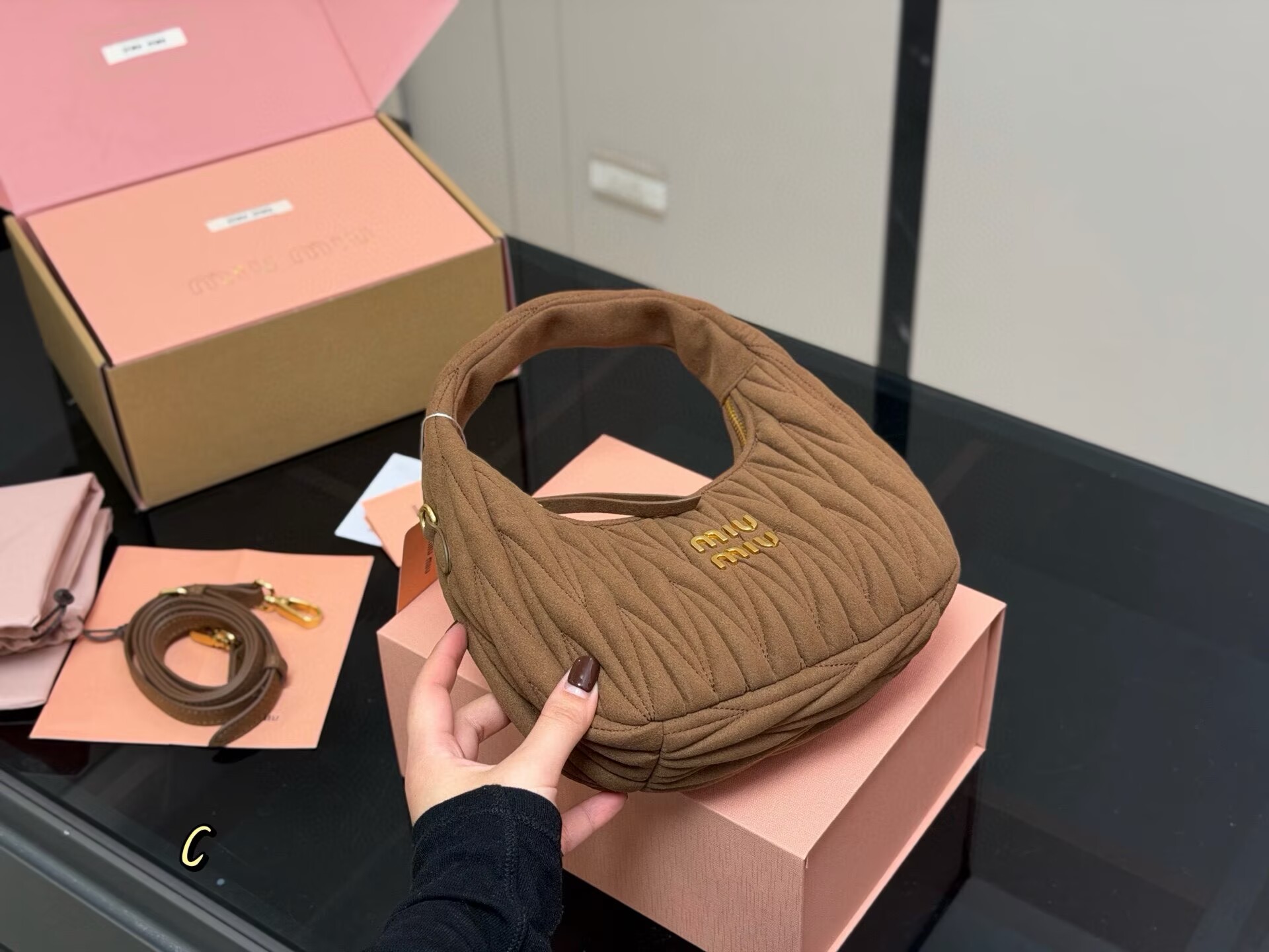 Miu Miu Women Wander Matelasse Suede Top Handle Bag MM63201 Dark Brown