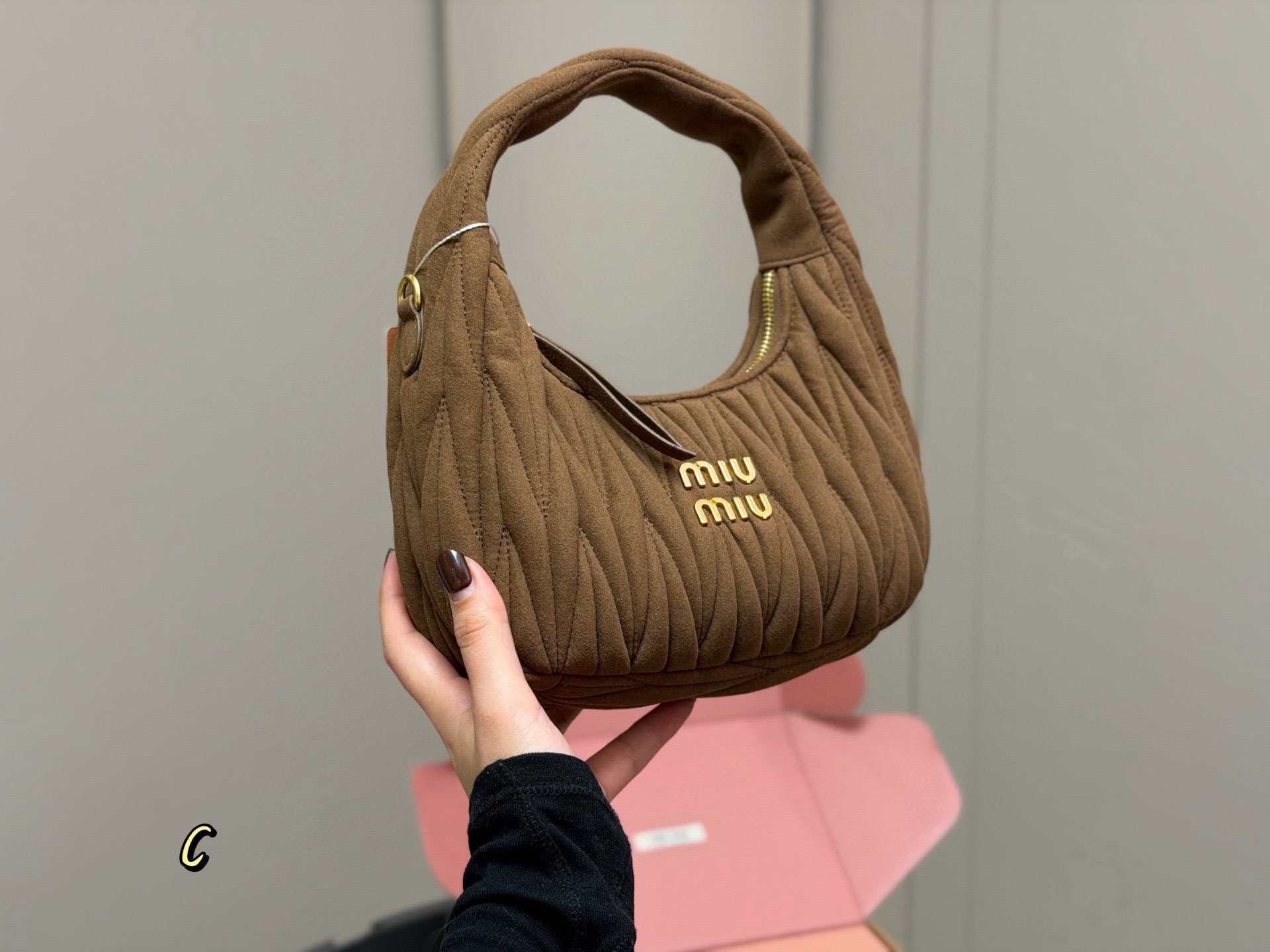 Miu Miu Women Wander Matelasse Suede Top Handle Bag MM63201 Dark Brown