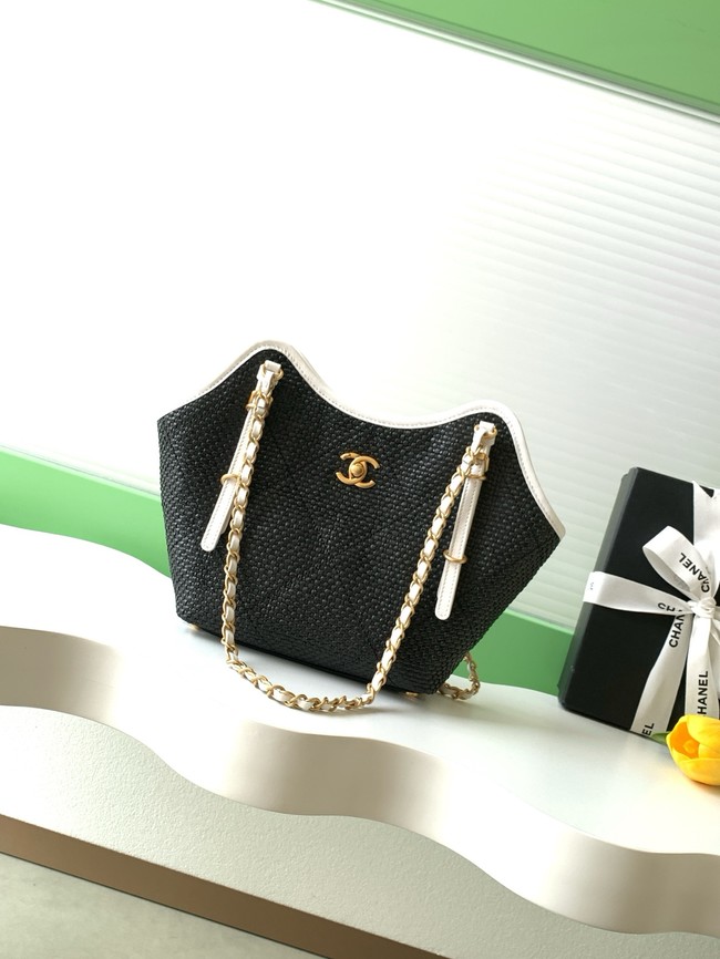 CHANEL Small Tote Braided Raffia AS6015 Black & White