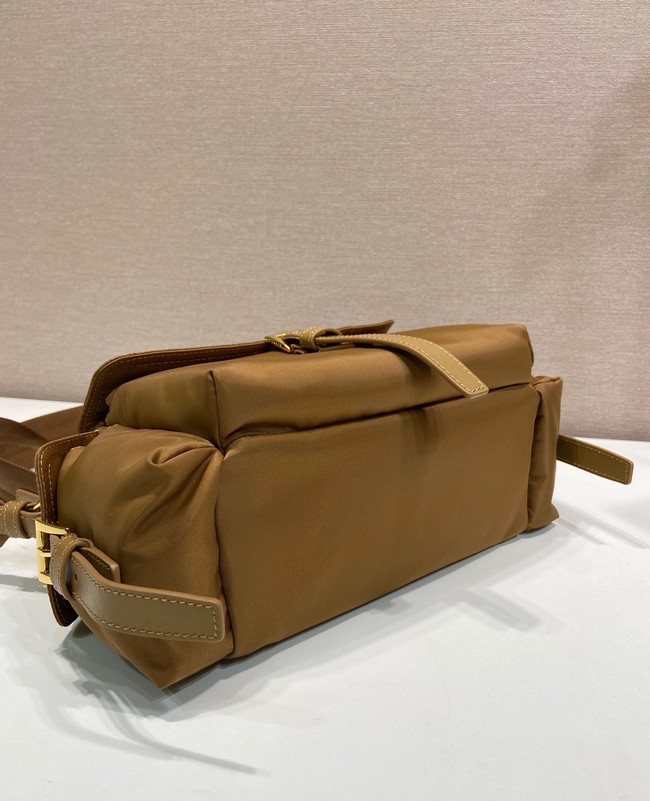 Prada Route medium leather tote bag Re-Nylon 1BD394 camel
