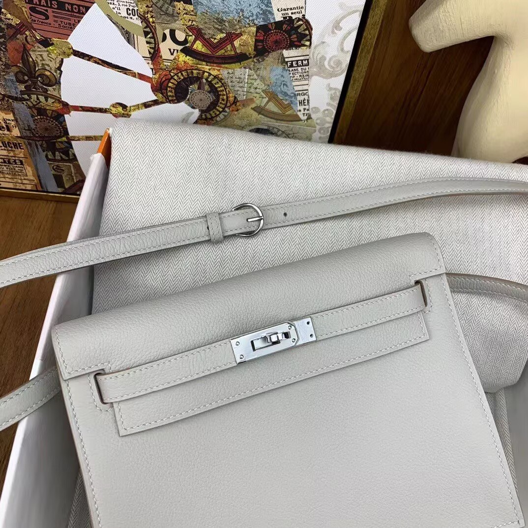 Hermes Kelly Danse Original Evercolor Leather 22CM KL22 Light Silver-Tone