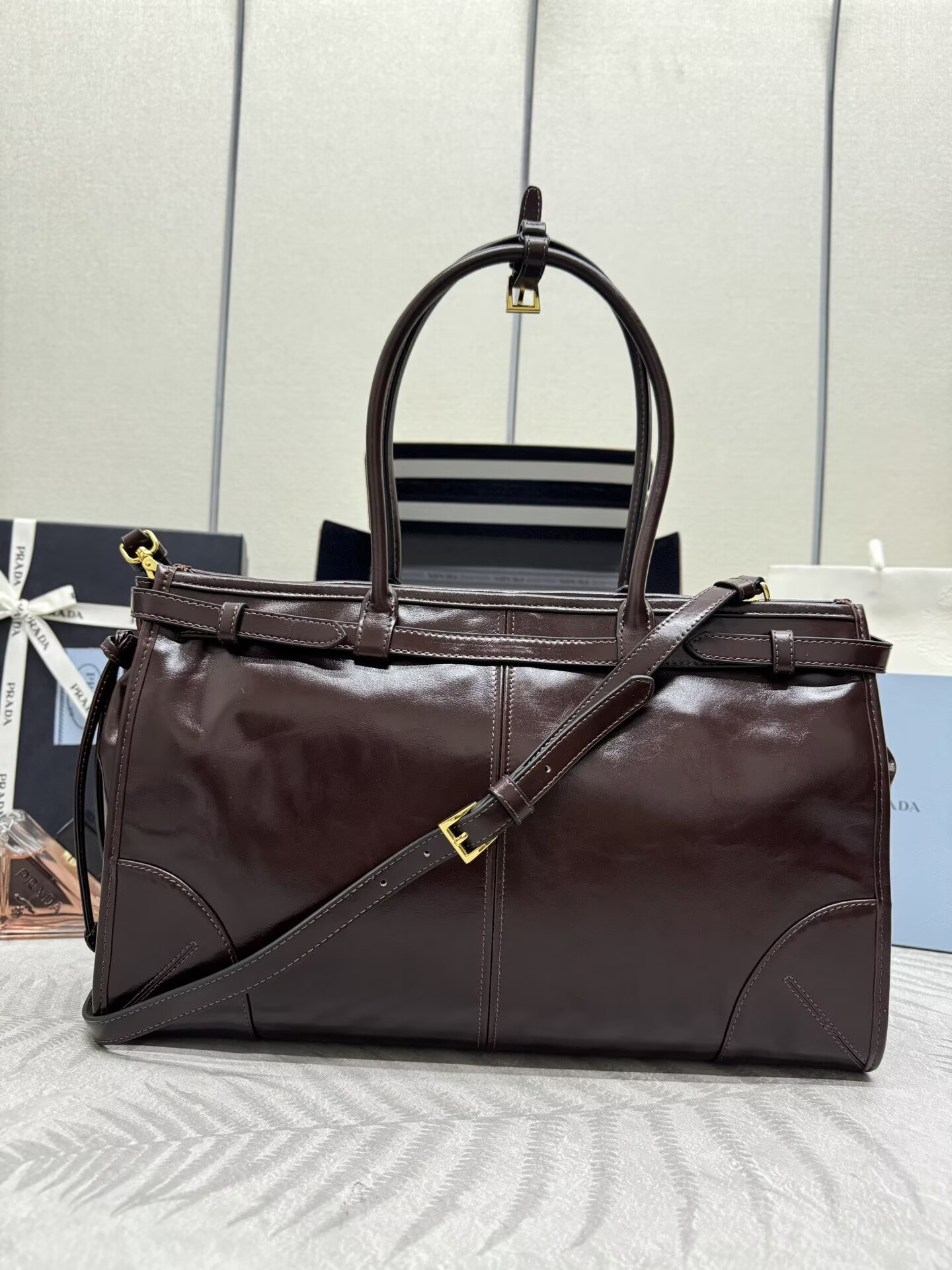 Prada Bonnie Leather Tote Bag 1BA433 Dark Brown