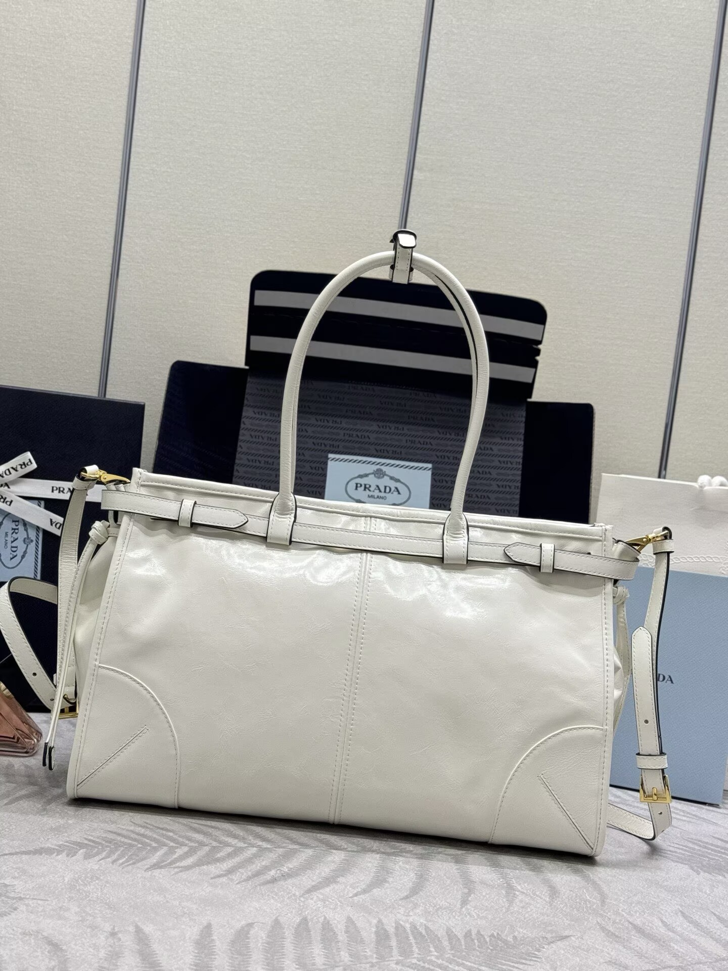 Prada Bonnie Leather Tote Bag 1BA433 White
