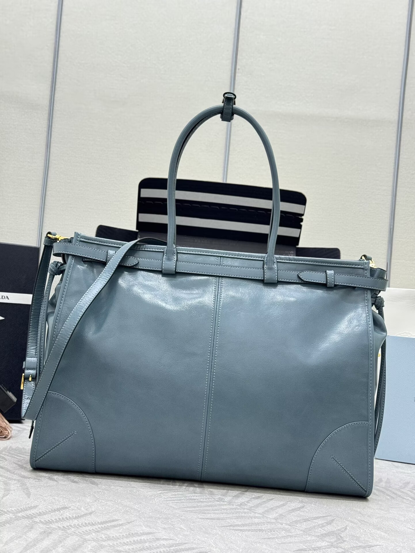 Prada Large Bonnie Leather Tote Bag 1BA439 Blue