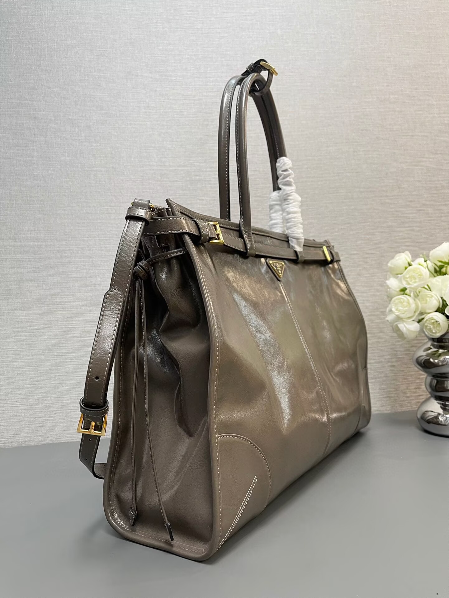 Prada Large Bonnie Leather Tote Bag 1BA439 Khaki Grey