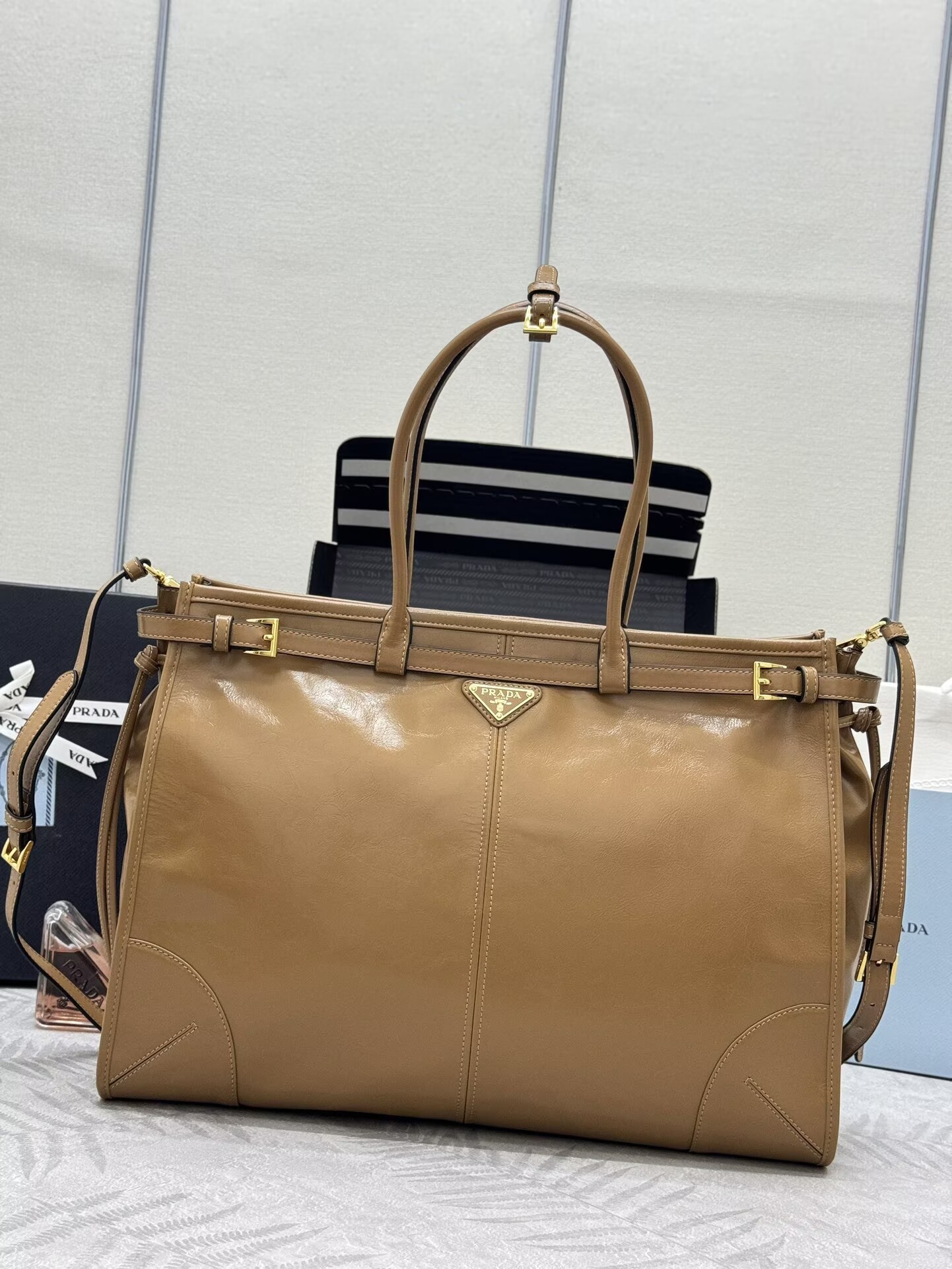 Prada Large Bonnie Leather Tote Bag 1BA439 Khaki