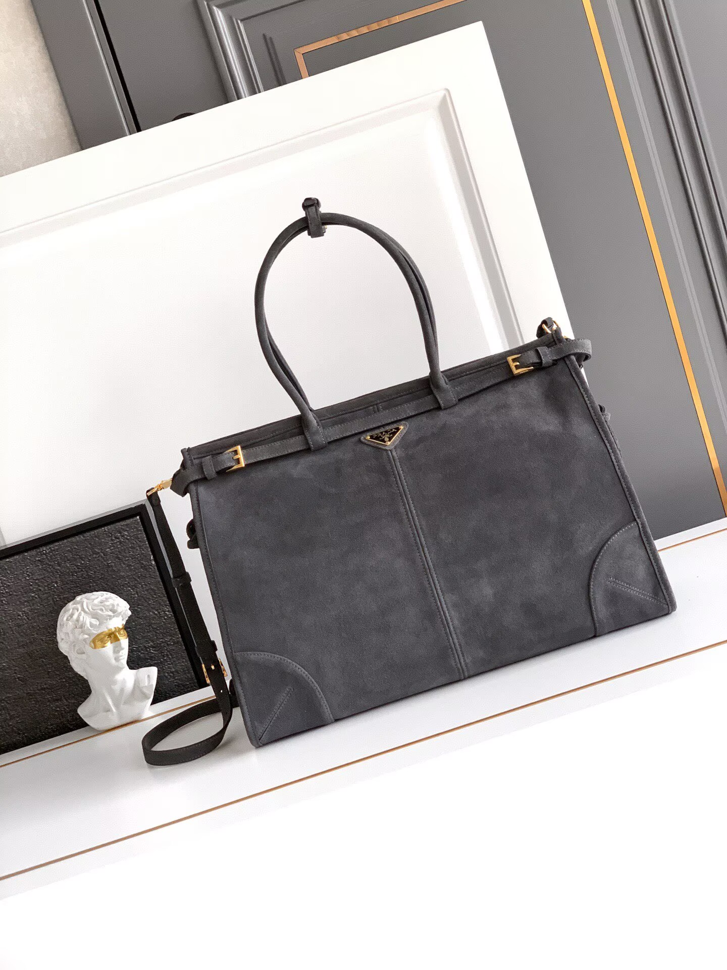 Prada Large Bonnie Suede Tote Bag 1BA439 Gray