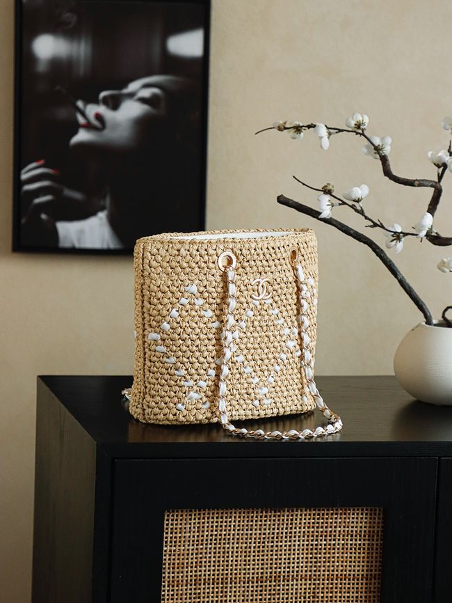 CHANEL Braided Straw Shoulder Bag AS5955 Apricot and white