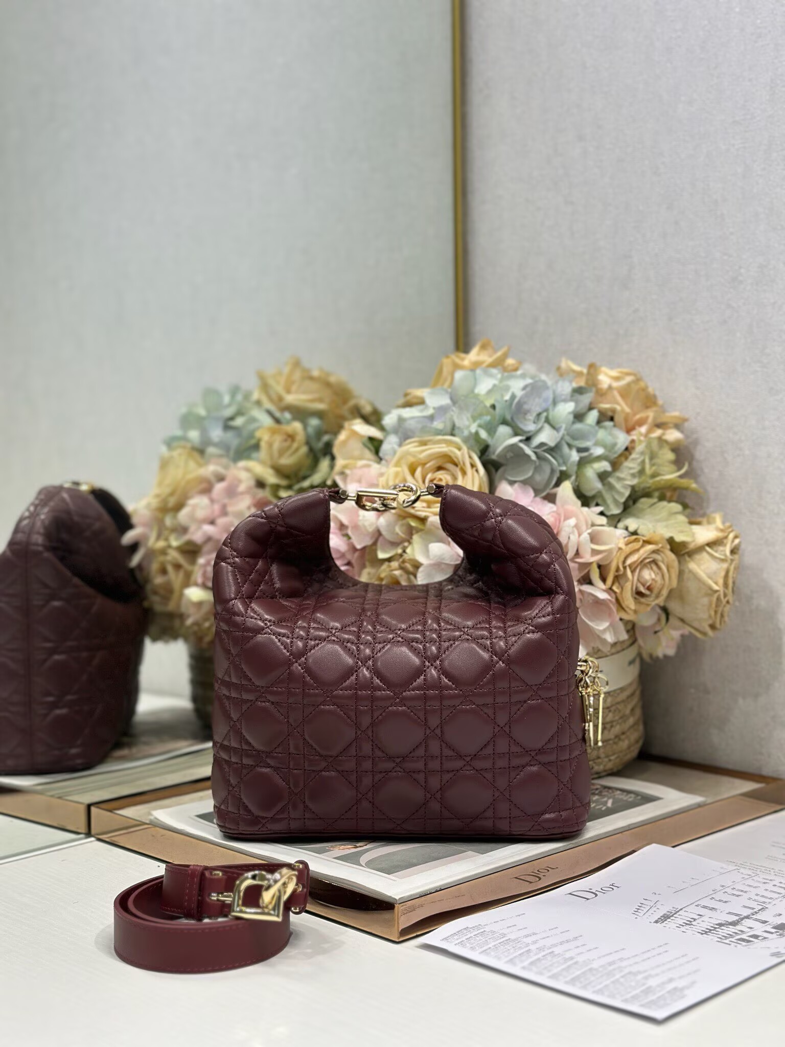 DIOR Original Leather Tote Handbag 1538 Burgundy