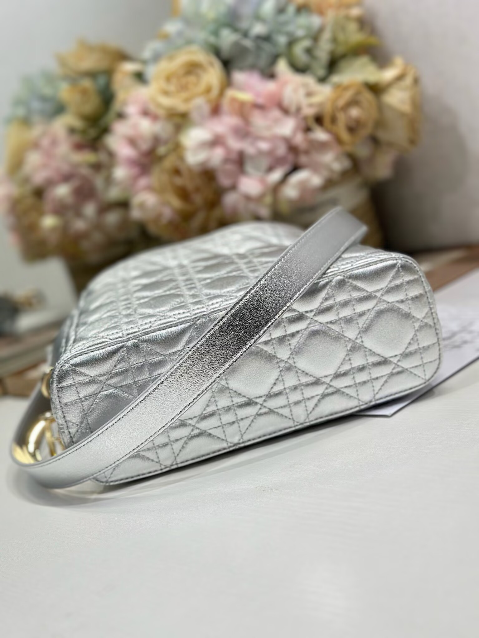 DIOR Original Leather Tote Handbag 1538 Silver