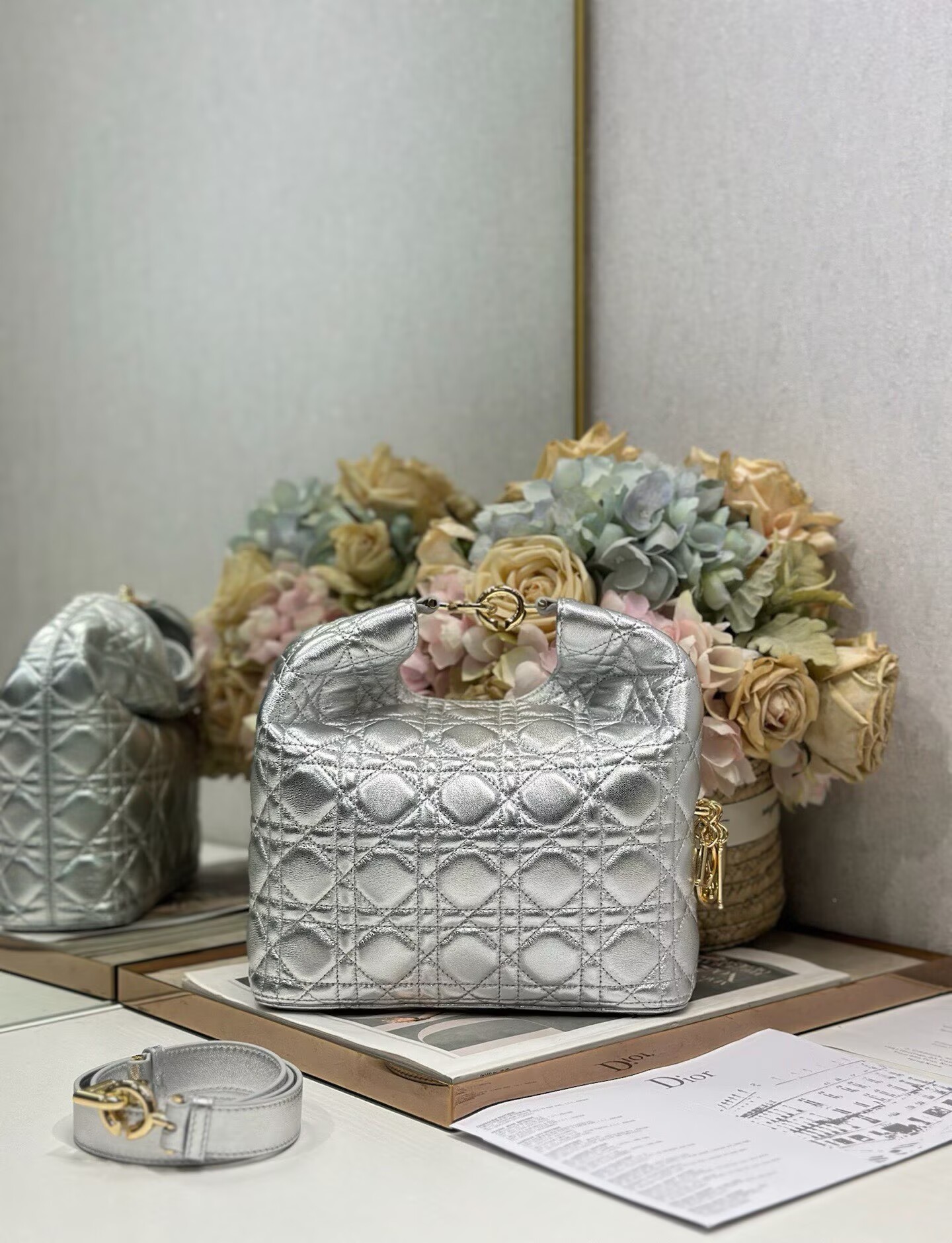 DIOR Original Leather Tote Handbag 1538 Silver
