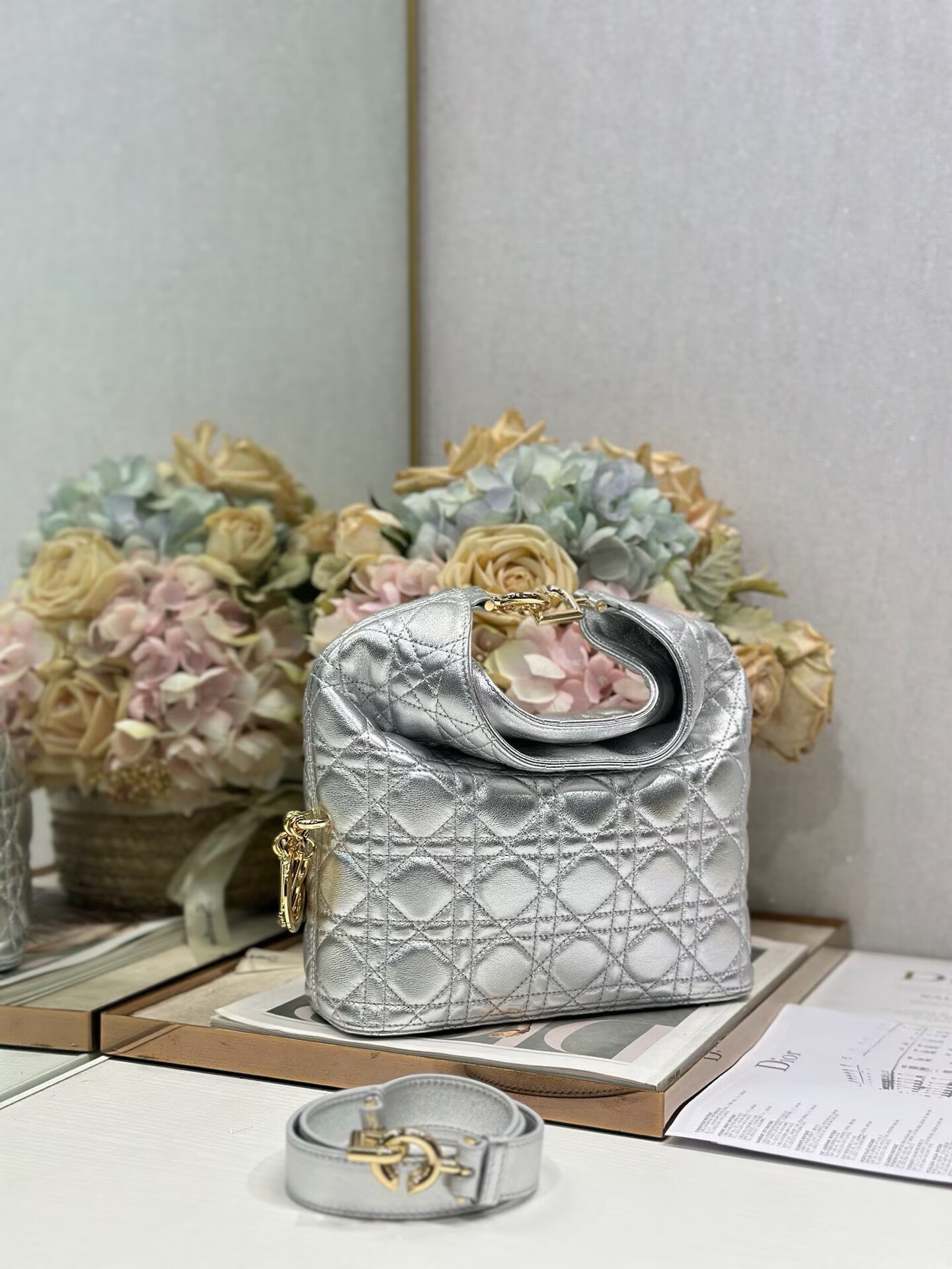 DIOR Original Leather Tote Handbag 1538 Silver