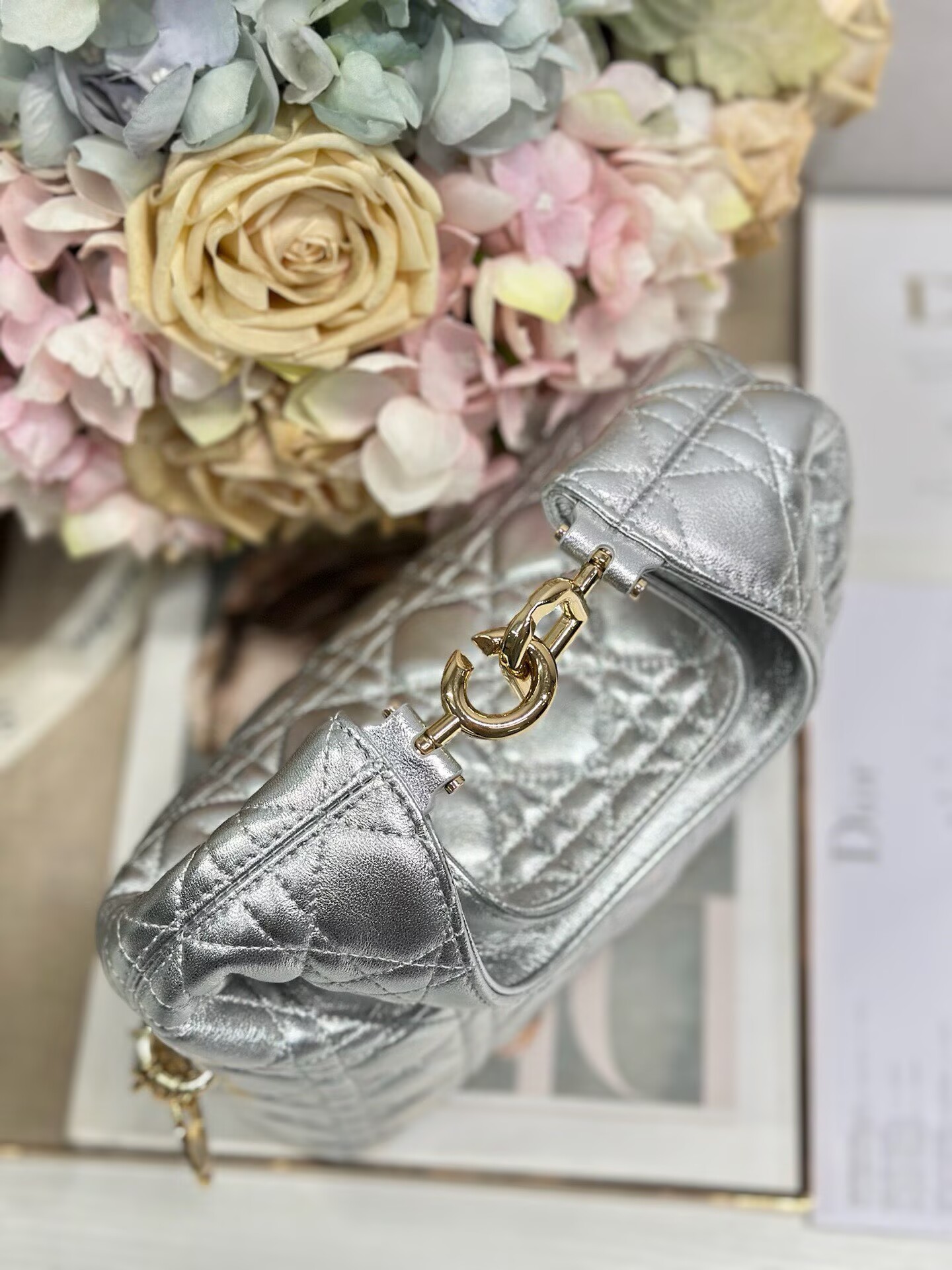 DIOR Original Leather Tote Handbag 1538 Silver