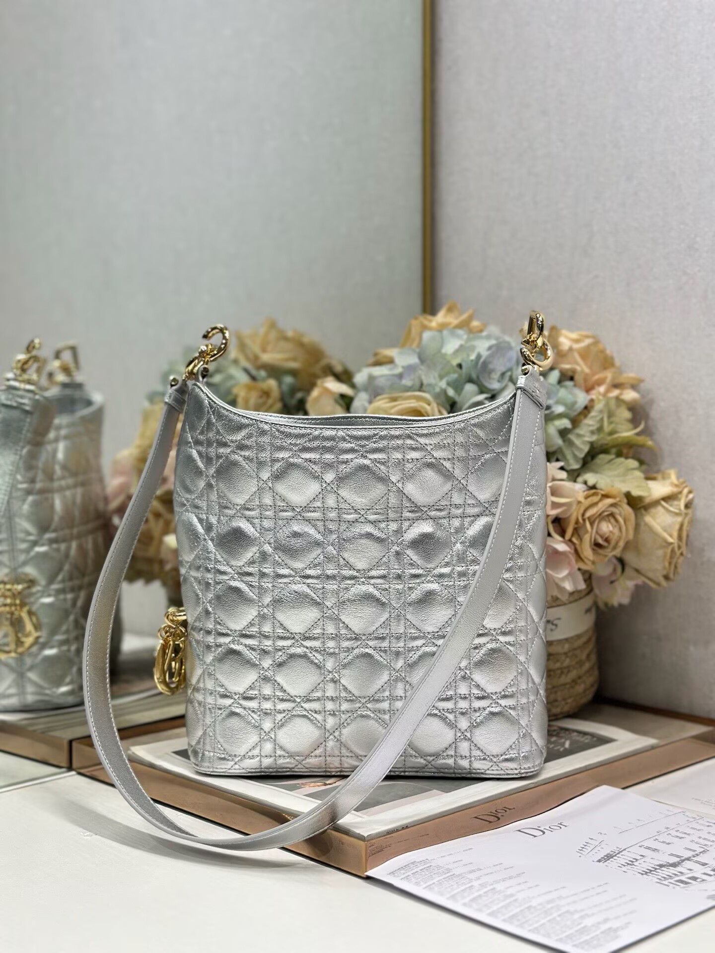 DIOR Original Leather Tote Handbag 1538 Silver