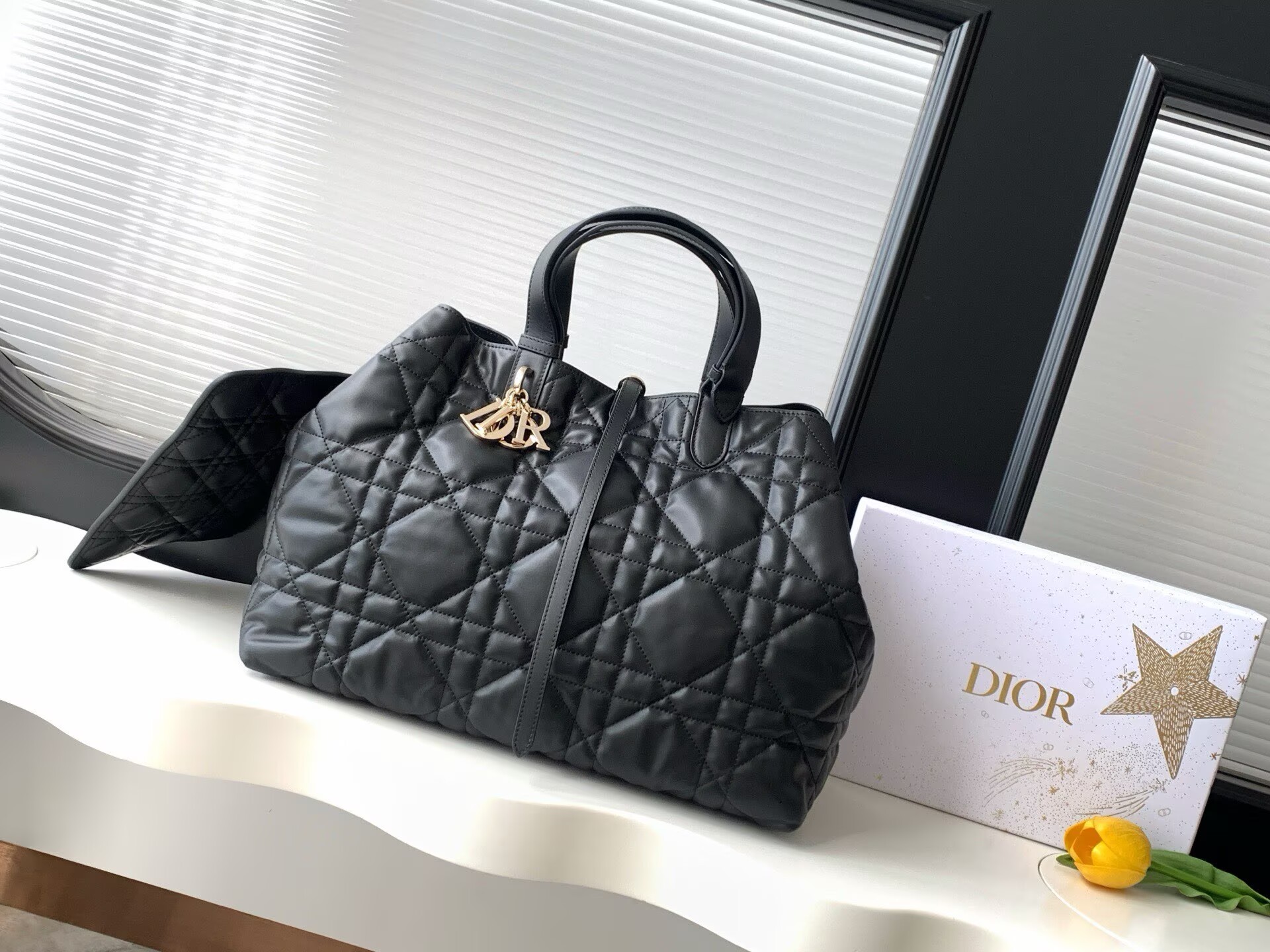 LARGE DIOR TOUJOURS BAG Latte Macrocannage Calfskin M6233 Black