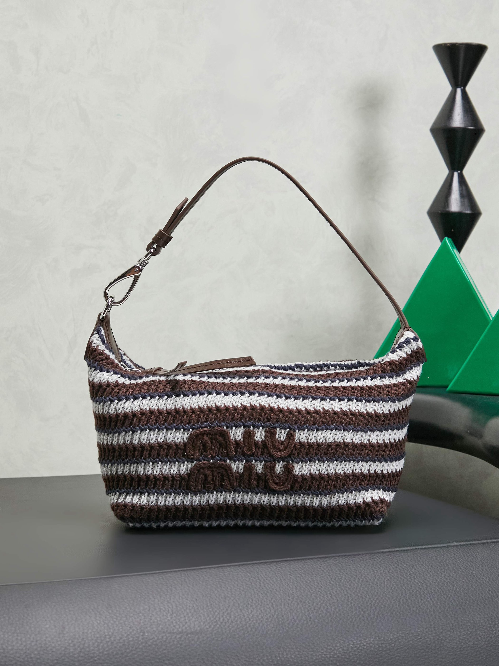 Miumiu Rainbow Weaving Top handle bag 5NE841 Dark Brown&Navy&White Fabric