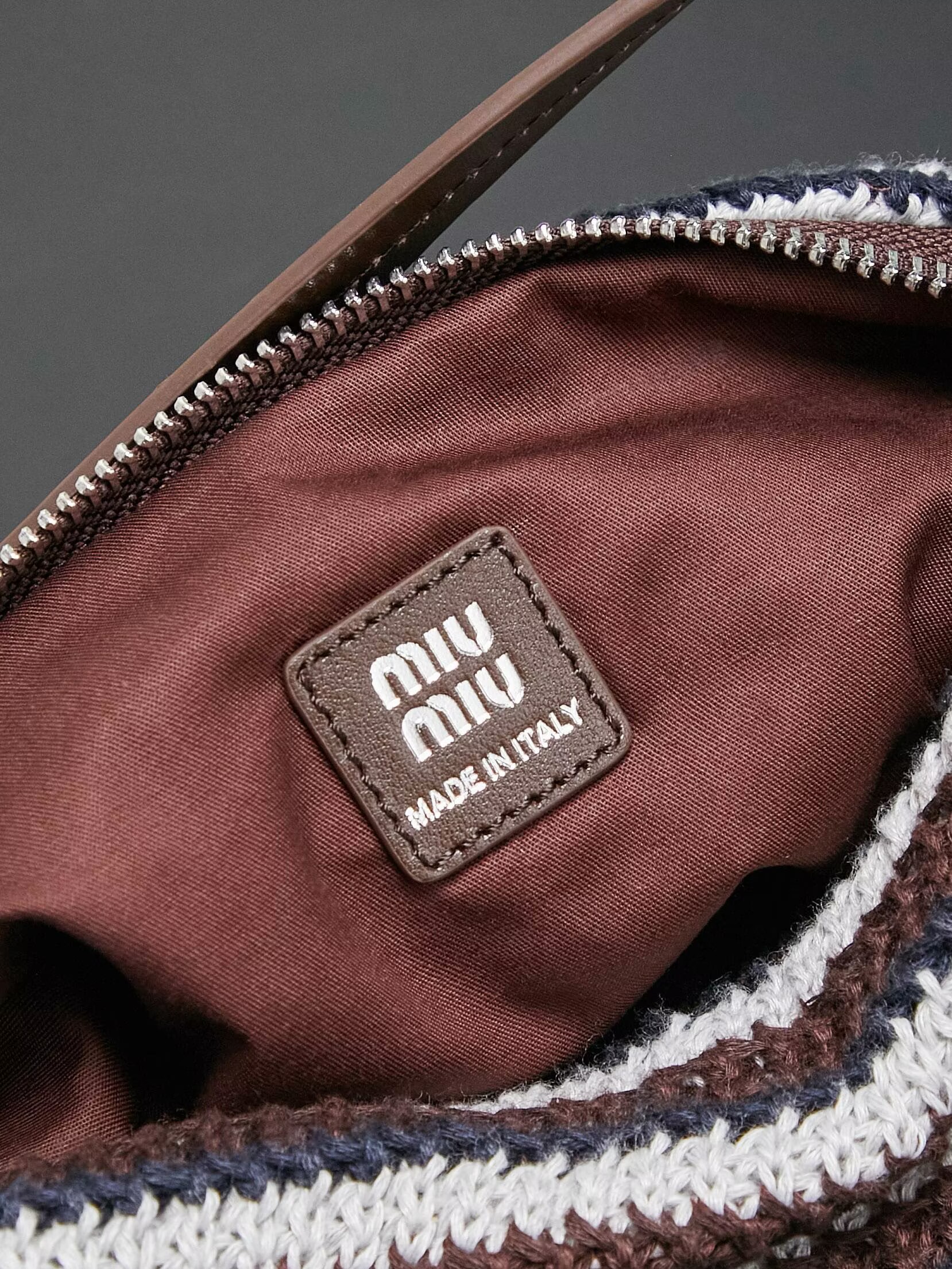 Miumiu Rainbow Weaving Top handle bag 5NE841 Dark Brown&Navy&White Fabric Miumiu Rainbow Weaving Top handle bag 5NE841 Dark Brown&Navy&White Fabric