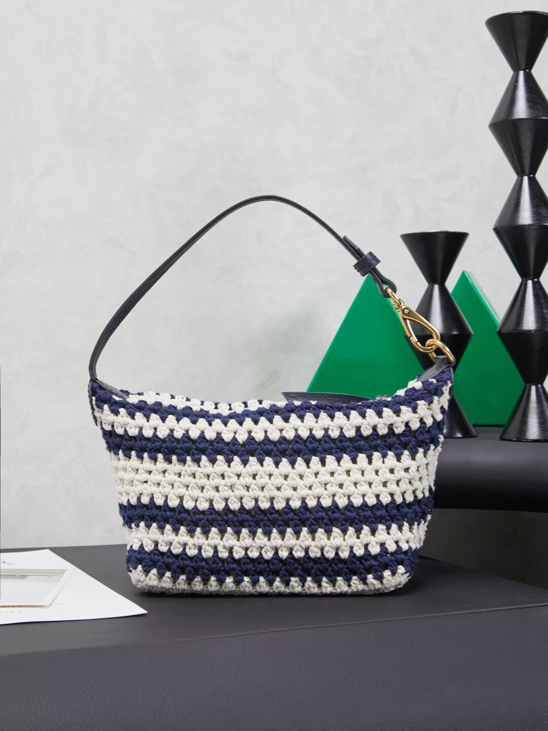 Miumiu Rainbow Weaving Top handle bag 5NE841 Navy&White Fabric