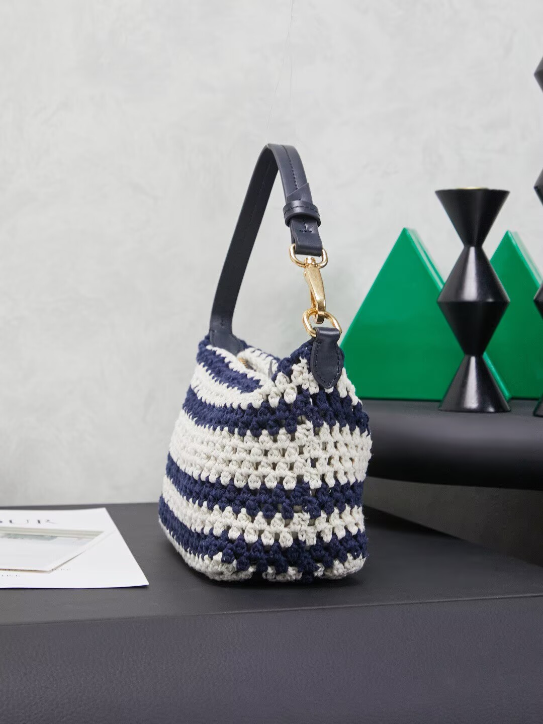 Miumiu Rainbow Weaving Top handle bag 5NE841 Navy&White Fabric