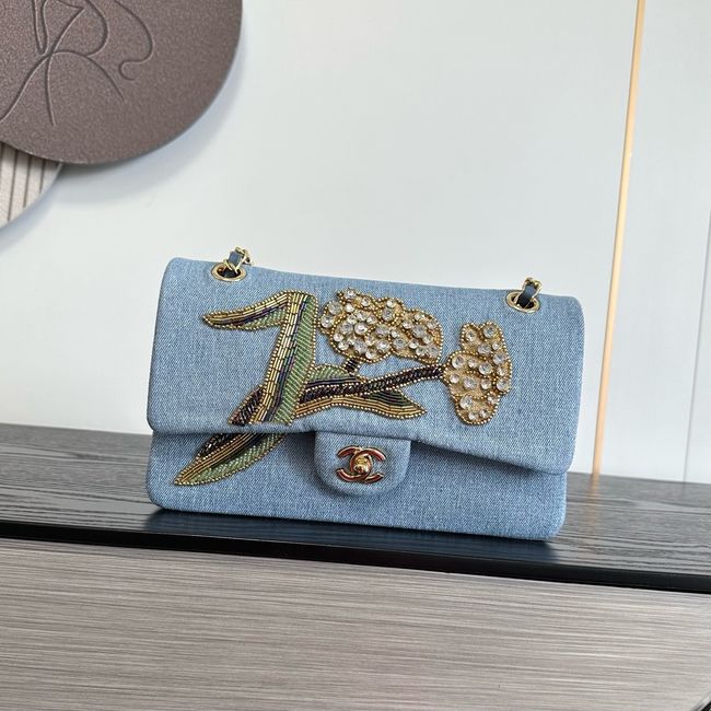 Chanel Classic 11.12 Handbag A01112 Embroidered Denim Blue