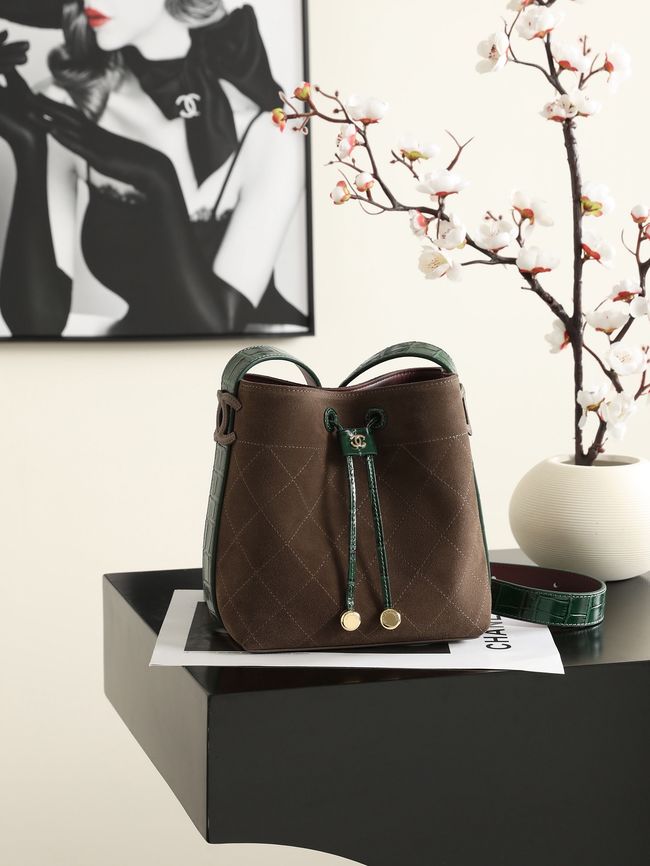 Chanel Suede Calfskin Bucket Bag AS6537 dark brown