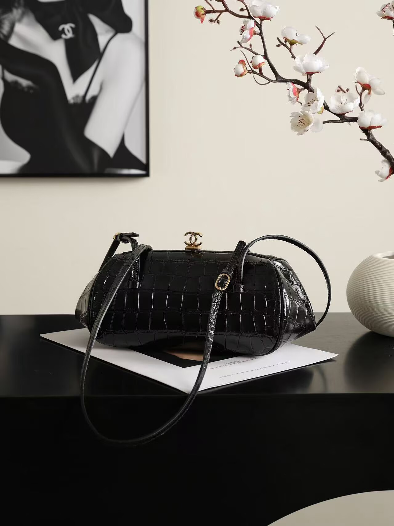 Chanel Clutch With Leather Strap Crocodile Embossed Calfskin & Gold-Tone Metal Black AP5360