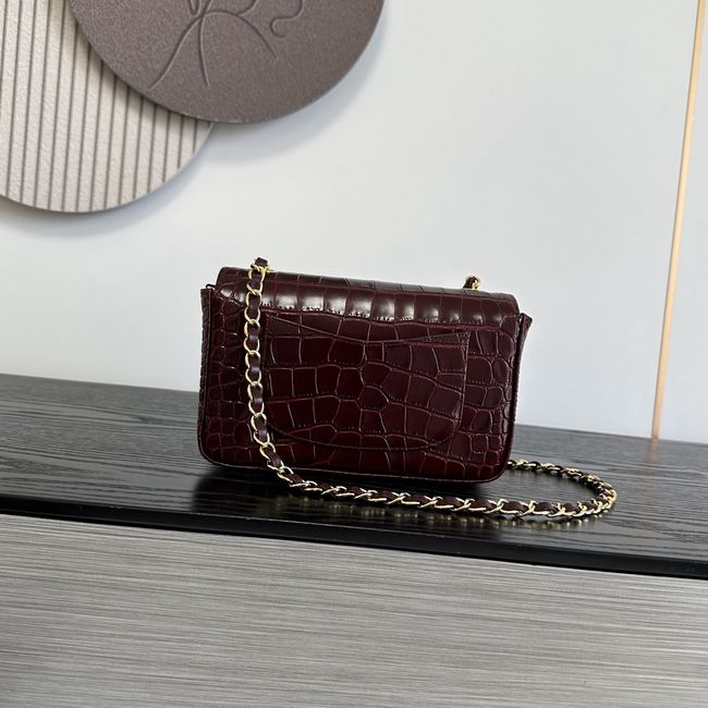 Chanel MINI FLAP BAG Crocodile Embossed 1116 Dark Burgundy&gold
