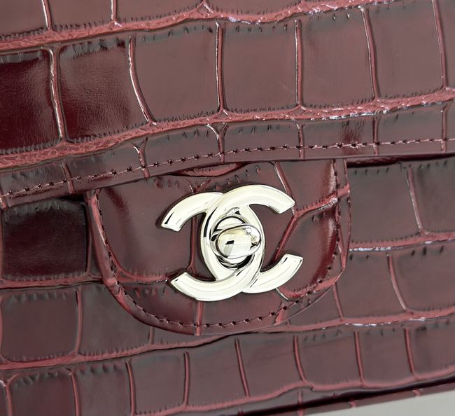 Chanel Small Flap Bag Crocodile Embossed 1112 Dark Burgundy&silver