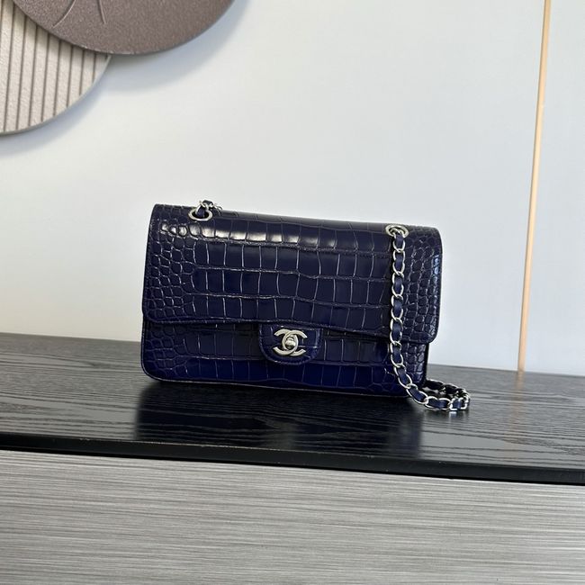 Chanel Small Flap Bag Crocodile Embossed 1112 dark blue&silver